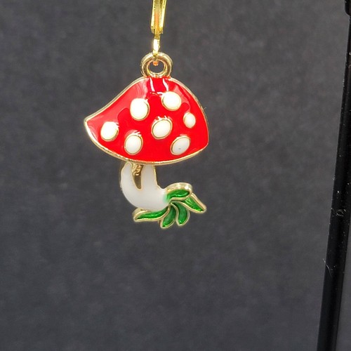Mushroom Pierced Earrings Gold tone Enamel Red White Polka Dot Dangle 1" - Picture 2 of 11