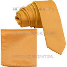 New Vesuvio Napoli Men's 2.5" skinny necktie hankie set solid formal gold