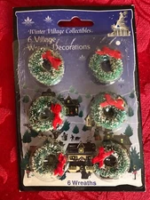 Winter Village Collectables 6es Tiny Frosted Wreath Decorations, 1 1/8" diameter