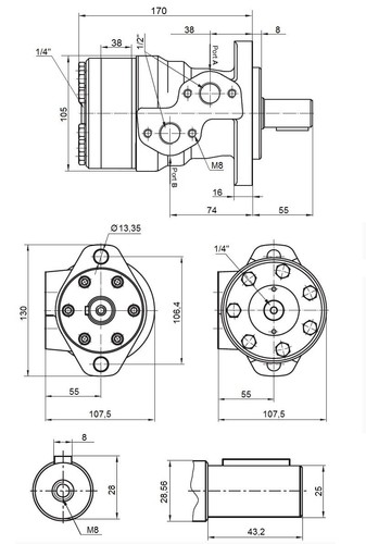Hydraulikmotor Gerotormotor Ölmotor BMR 200, ähnlich SMR BMP OMP Welle Ø25 - Picture 3 of 3