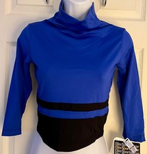 GK ICE SKATE LADIES MEDIUM 3/4 SLV NYLON/SPANDEX BLUE/BLACK CROP DANCE TOP SZ M