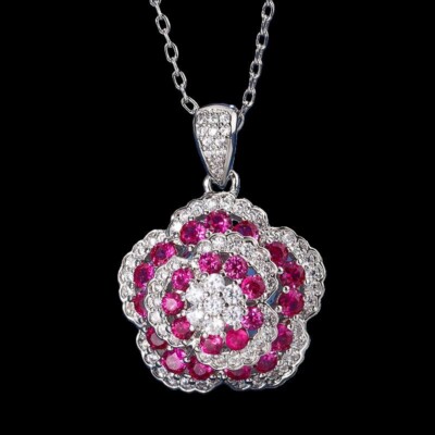 925 Silver Genuine Ruby Cluster Rose 3/4'' Pendant Free Chain