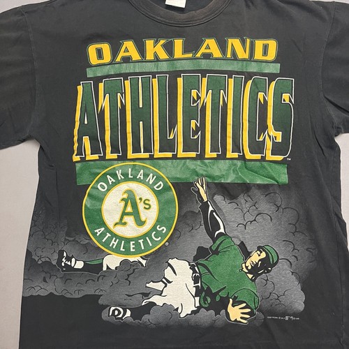 Vintage 90s Oakland Athletics A’s AOP Team Work Single Stitch T Shirt USA Made L - Picture 2 of 8