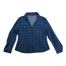 Adrienne Vittadini Blue Plaid Split Neck Button Tab Long Sleeve Shirt Women’s XL