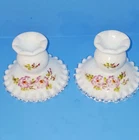 Milk Glass Floral Ruffled Candle Holders White Pink Green Decorative Pair