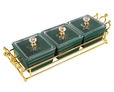 Ceramic Bowls and with Lid Gold Basket Trays, 3 Removable Small Bowls Condime...