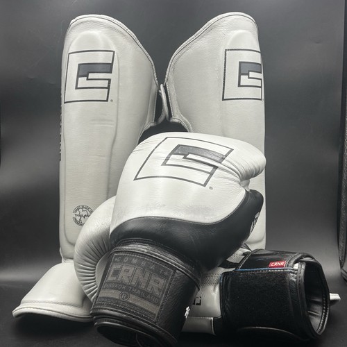 Combat Corner HMIT 16oz Boxing Gloves + Shin Guards Set Grey Muay Thai Gear