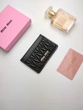 Miu Miu Black Matelassé Leather Card Holder with Gold Logo Size:10.5*7cm