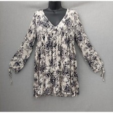 Floral Babydoll Dress S Gray Cream Empire Waist Cottagecore Boho Fairycore Flowy