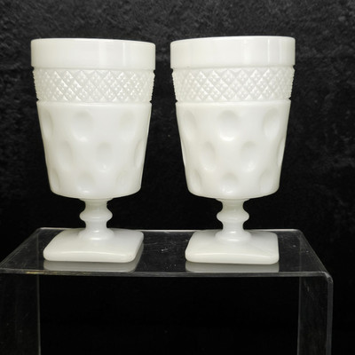 McKee Opal Milk Glass Vintage Goblet Footed Stemware Thumbprint Set of Two