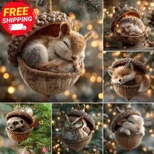6pcs 2D Forest Animal Acorn Ornaments Christmas Trees Hanging Decorations Gift