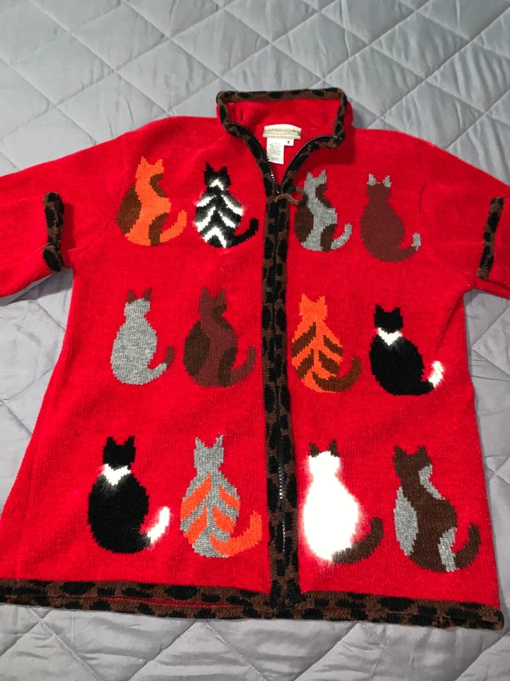 Cárdigan Suéter COLDWATER CREEK Pequeño Rojo Chenilla Cremallera Gato Loco Arte Novedad Foto 3 de 4