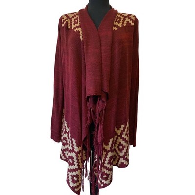 Red Camel Women s Burgundy/Cream Fringe Waterfall Open Cardigan Size Medium