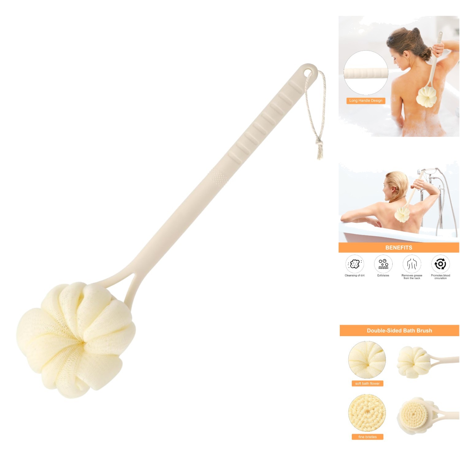 Rückenschrubber mit Langem Stiel, 2-in-1 Rückenbürste Dusche, Duschschwamm un...