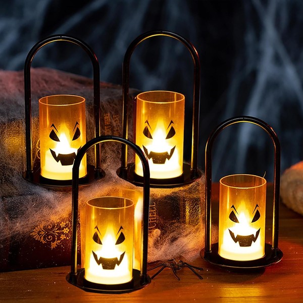 Halloween Laterne 15Cm LED KüRbis Hexe Geist Deko Leuchtend FüR Garten 4 StüCk-image