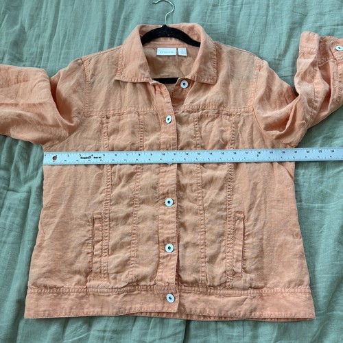 Chico’s Jacket Women’s Sz 2 Large Orange 100% Linen 3/4 Sleeve Button Up Pockets - Picture 9 of 11