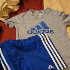 adidas Boys 2 Piece Outfit Set Gray Crew Neck T-Shirt  Blue Shorts