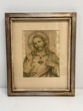 Quadro Arte Sacra luminoso vintage Sacro Cuore di Gesù 1950s cornice in legno