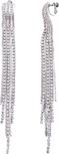 Clear Rhinestone Prong Setting Boho Tassel Long Statement Dangle Clip on Earring