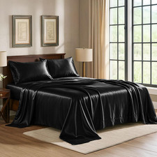 Satin Sheets Queen 4-Piece, Black Hotel Luxury Silky Bed Sheets - Extra Soft 1