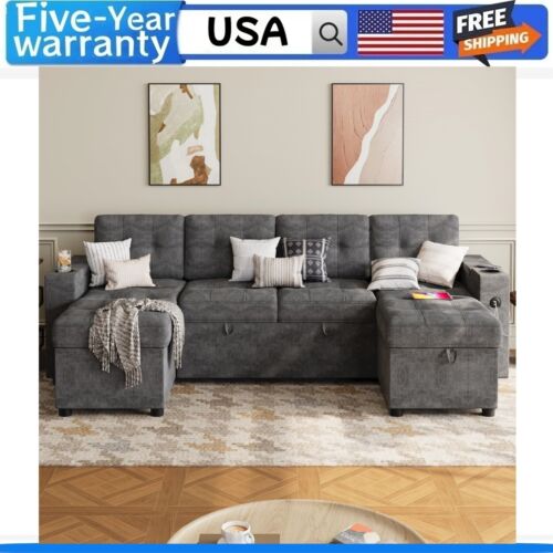 U-Shaped Sectional Sofa W/Double Chaise 2 in 1 Pull Out Couch Bed USB-A Type-C