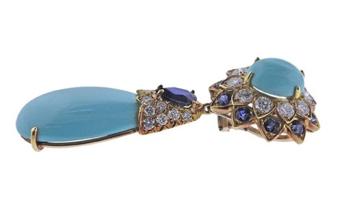 1.50ct Natural Round Diamond 14K Yellow Gold Turquoise Sapphire Wedding Earrings - 第 4/5 張圖片