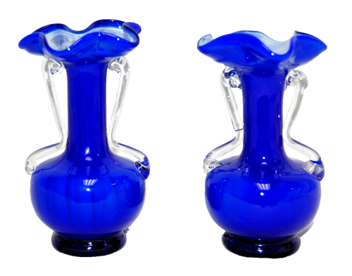 Hand Blown Blue/White Bud Vases with Clear Handles 5 1/2" High Lot of 2 T1952 - Picture 9 of 15