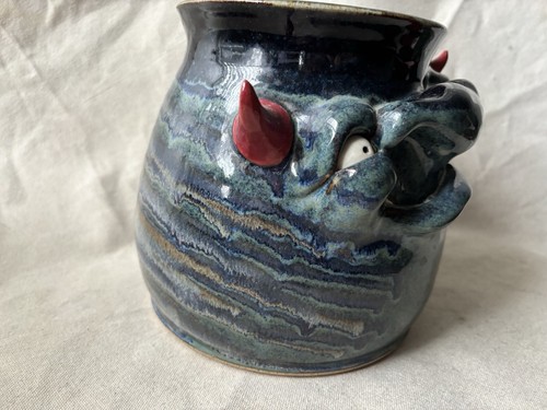 2014 Claymonster Pottery Planters 7" High Glazed Blue Ceramic w/Horns & Eyes EUC - Picture 9 of 9