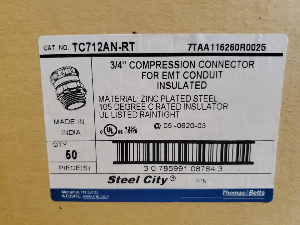 (50) Conector de compresión T&B TC712AN-RT 3/4" aislado hermético clasificación 105°  Foto 2 de 4