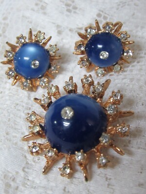 Vintage Blue Moonstone Cabochon / Rhinestones Brooch, Pin & Screw Back Earrings