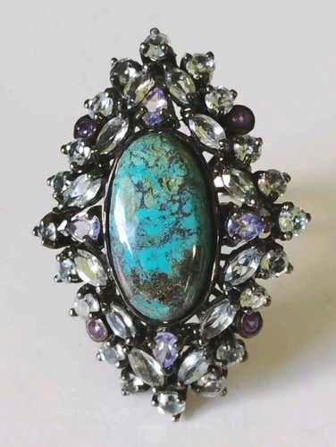 Genuine stabilized Turquoise,Tanzanite,Aquamarine Ring 925 Sterling black... - Picture 4 of 11
