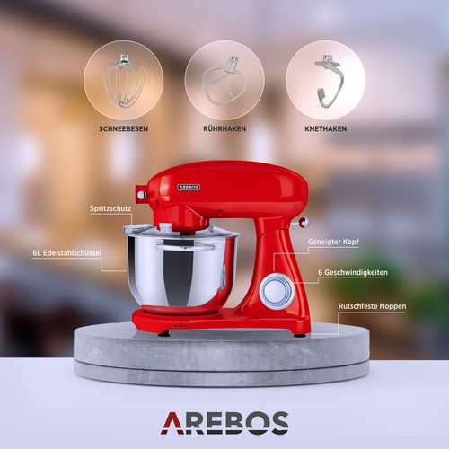 AREBOS Küchenmaschine 1800W 6L Edelstahl-Rührschüssel Geräuscharm 6 Stufen Rot - Bild 9 von 12