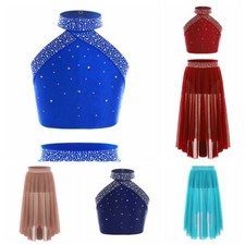 Kids Girls Dancewear Sparkly Skirt Lyrical Dress Halter Neck Performance Tango