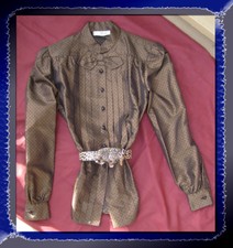 Vintage NINA RICCI BOUTIQUE Silk Blouse 8-10 Bronze Polka Dot Print Bow Jaquard