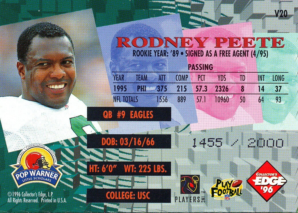 Rodney Edge 1996 Collector's Edge Advantage - Video Rodney Peete #V20 /2000 for ...