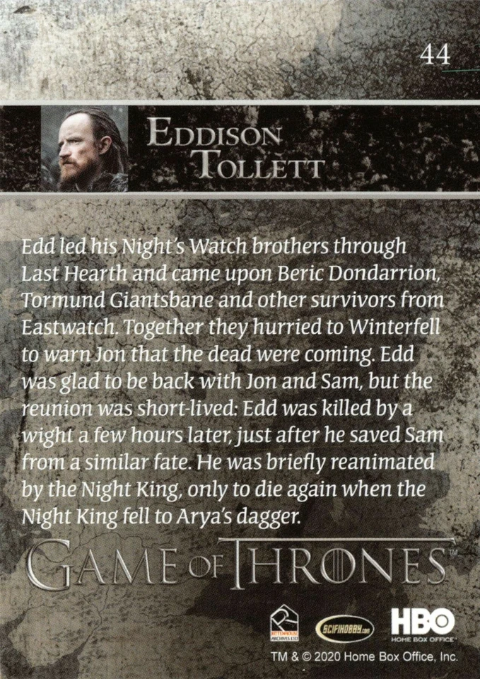 EDDISON TOLLETT (Ben Crompton) / Game of Thrones Season 8 (2020) BASE Card #44 - Image 2 of 2
