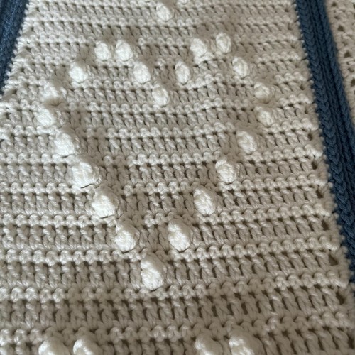 Vintage Crochet Afghan Blanket White Blue 75x60" Throw Lodge Cabin Holiday - Picture 9 of 21