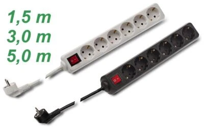 EDI-TRONIC 6-fach Steckdosenleiste Schalter schwarz weiß 1,5m 3m 5m Mehrfachstecker Leiste
