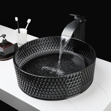 Black Bathroom Vessel Sink Round Tempered Glass Basin Mixer Deck Mount Drain Tap