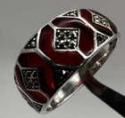 Vintage CNA Thailand 925 Silver Red Enamel Marcasite Wide Band Ring Size 9 4.3g