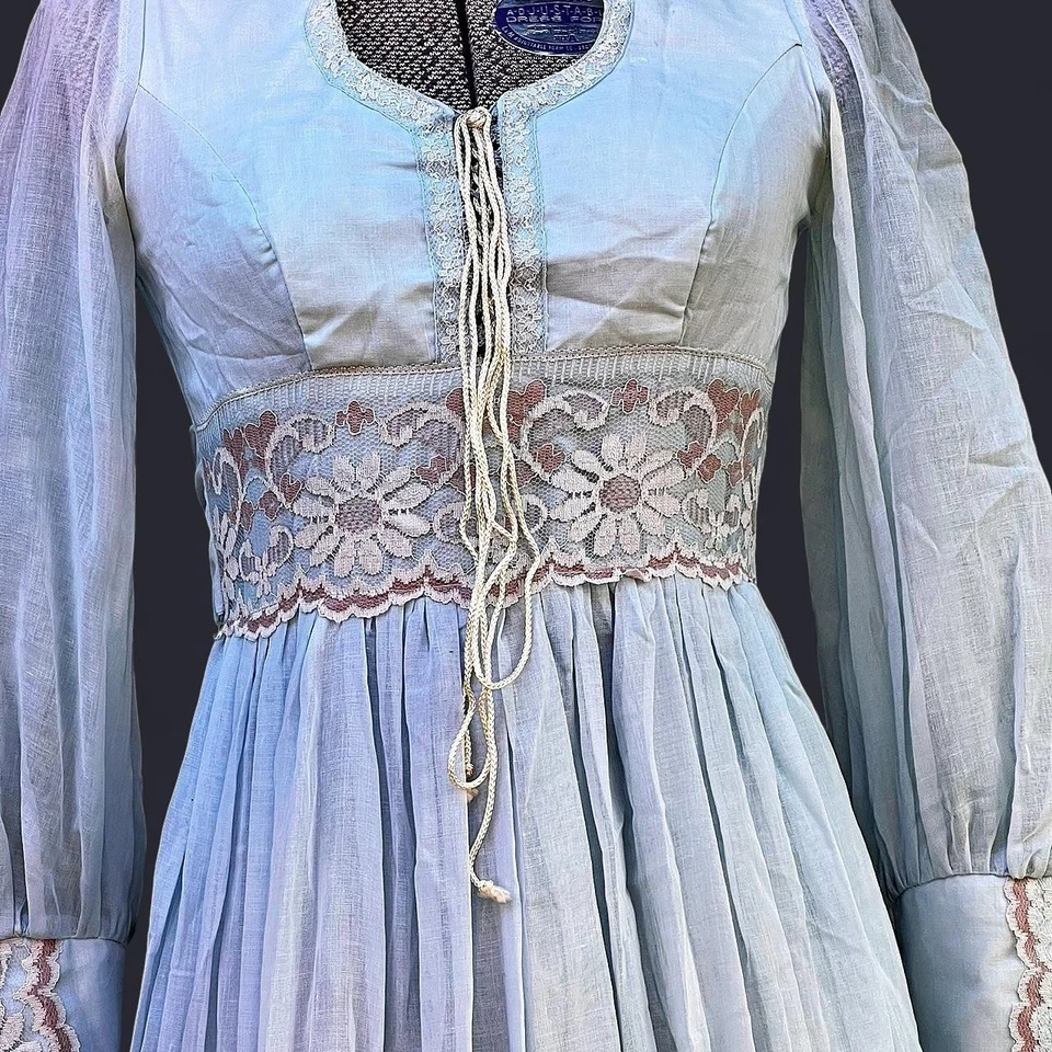 Vestido Gunne Sax Cottagecore De Colección Años 70 Pradera Semi Transparente Encaje Azul Corsé Talla - 5 Foto 4 de 4