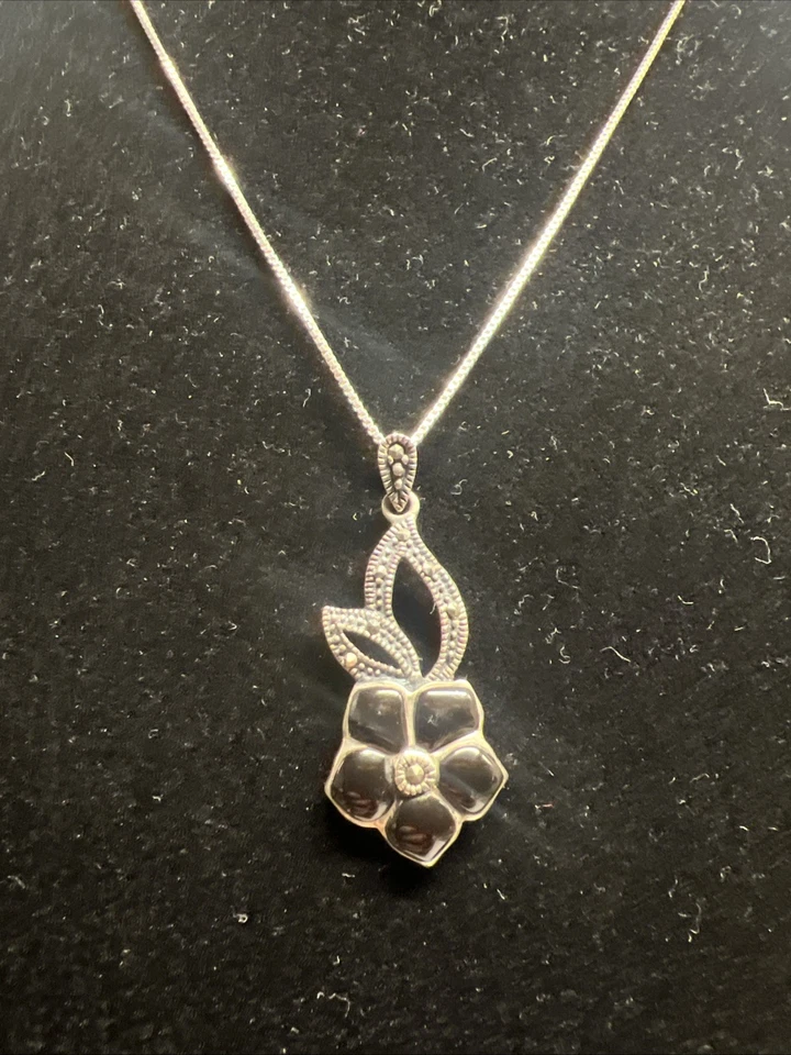 Natural Black Onyx and Marcasite  gemstone Pendant Necklace, silver 925 Flower - Image 2 of 4