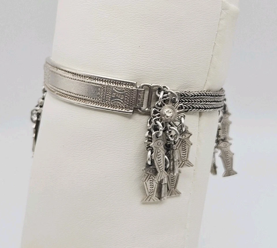 Pulsera de plata esterlina antigua victoriana Albertina flor pez dije cadena Foto 3 de 4