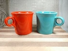 Vtg X2-Fiesta Ware Orange Persimmon + Turquoise Blue Coffee Cups Mugs-O ring