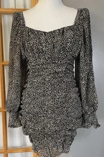 HYFVE Ruched Bodycon Mini Dress Sz M Beige Black Long Sleeve Club Party Sexy