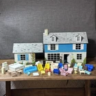 Vintage Marx Tin Dollhouse With Furniture- Blue And White Attached Garage