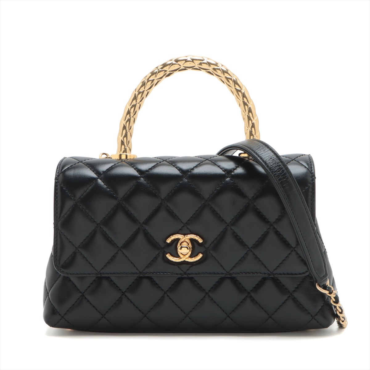 Chanel Coco handle 24 XS Leather 2 Way Handbag Black Gold