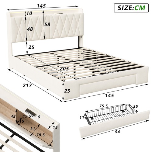 Doppelbett 140x200cm Polsterbett Stauraumbett Bettgestell mit USB LED Steckdosen - Bild 5 von 9