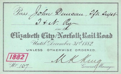 1882 ELIZABETH CITY NORFOLK VIRGINIA LOW # 107 RAILROAD RY RWY RR RAILWAY PASS