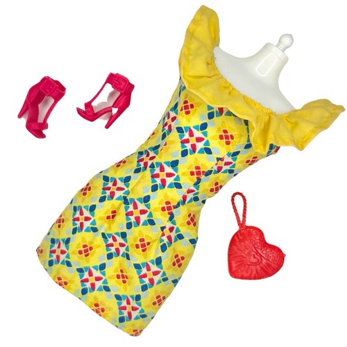 Barbie 90er Puppe Outfit Sommerkleid gelb Rüschen Print & rote Handtasche Schuhe